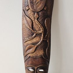 Vintage African Handcarved Wooden Mask Wall Hanging 8"x30