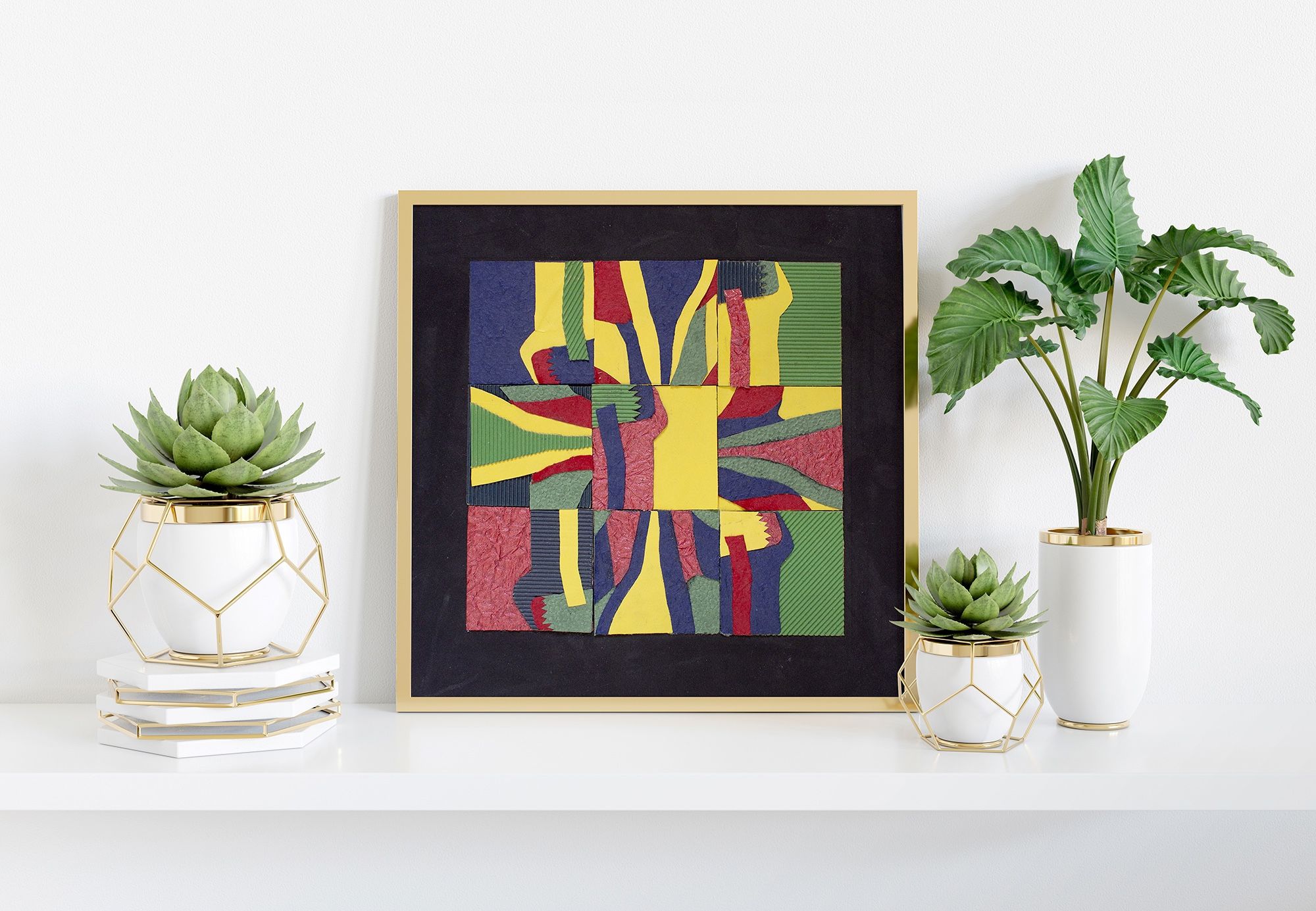 Abstract paper tiles in primary colors - Paper collage art- Student Piece