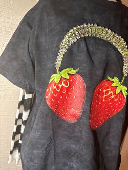 Acid Wash Strawberry Graphic T-Shirt with Rhinestones