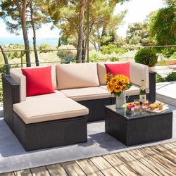 New 5 Pieces Patio Furniture Set Outdoor Patio Sectional Sofa Weaving Wicker Rattan All Weather PatiPatio Furniture Set with Cushion and Glass Table A