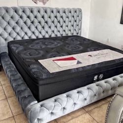 NEW IN BOX- King & Queen Size Grey Platform Bed Frame with Buttons