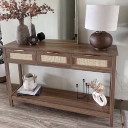 Rattan Console Table Boho Entryway Table Narrow Long Sofa Table Hallway Foyer Table Behind Couch Table with 3 Drawers and Open Storage Shelf for Livin