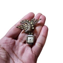 Vintage Sterling Silver Pennino Rhinestones Lapel Brooch Watch Missing 1 Stone