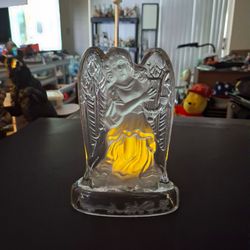 Art Glass Frosted & Clear Glass Angel Holding A Lyre And Is  Candle Holder 7.5"H x 5.5"W