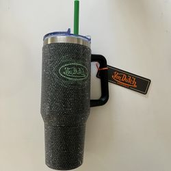 Von Dutch rhinestone tumbler with straw and handle