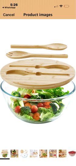 Glass Salad Bowl With Lid, 4.7 Quart Large Glass Mixing Bowls Serving Bowls With Bamboo Utensils, 10.7Inch Trifle Bowl for Salad, Pasta, Dessert Displ