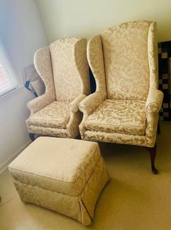 Two Antique Wingback Chair with Ottoman