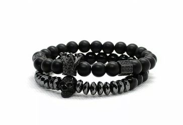 Matte Oxyn Stone Beads Skull Bracelet Set Crown