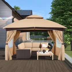 10x12 Patio Gazebo with Window Curtains Canopy Tent for Outdoor Garden Backyard Beige