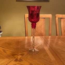 16” Tall Red Hurricane Candle Holder with Twisted Clear Stem