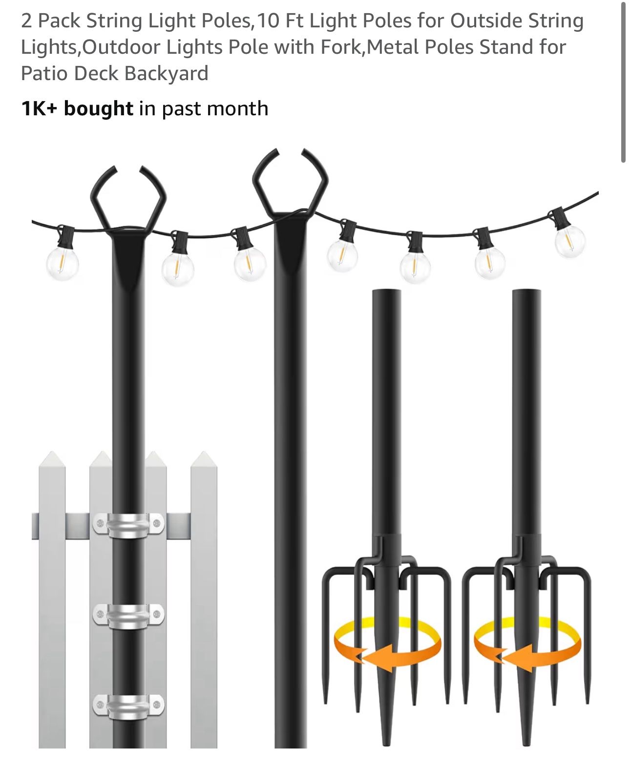 2 Pack String Light Poles,10 Ft Light Poles