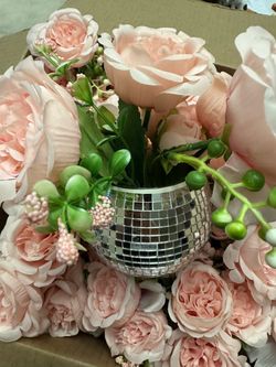 10 glass Disco Ball Vases Centerpieces with Pink Silk flower lot for Birthday Party Bachelorette