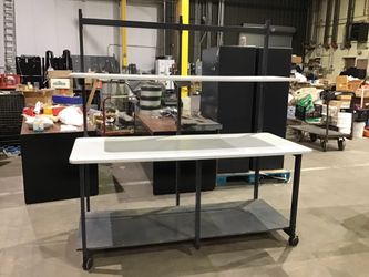 Warehouse Packing Table, Metal Frame w/Laminate Top, Adjustable Top Shelf & Bottom Storage & Wheels