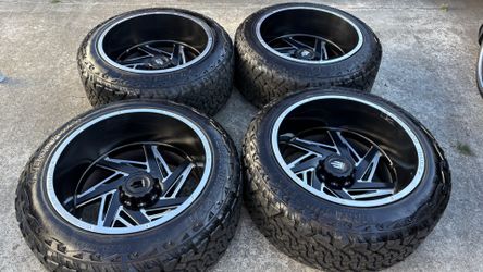 24x14 AMERICAN TRUXX DEEP DISH RIMS AND NEW TIRES, 8 lug