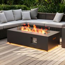 42" Rectangular Propane Fire Pit Table LED Outdoor Patio Backyard Gas Firepit Table with Golden Light Strip, 50,000 BTU Burner, Tank Storage, Glass Wi