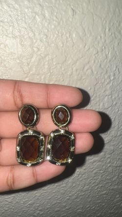 Gold-Tone Drop Earrings with Brown Stones