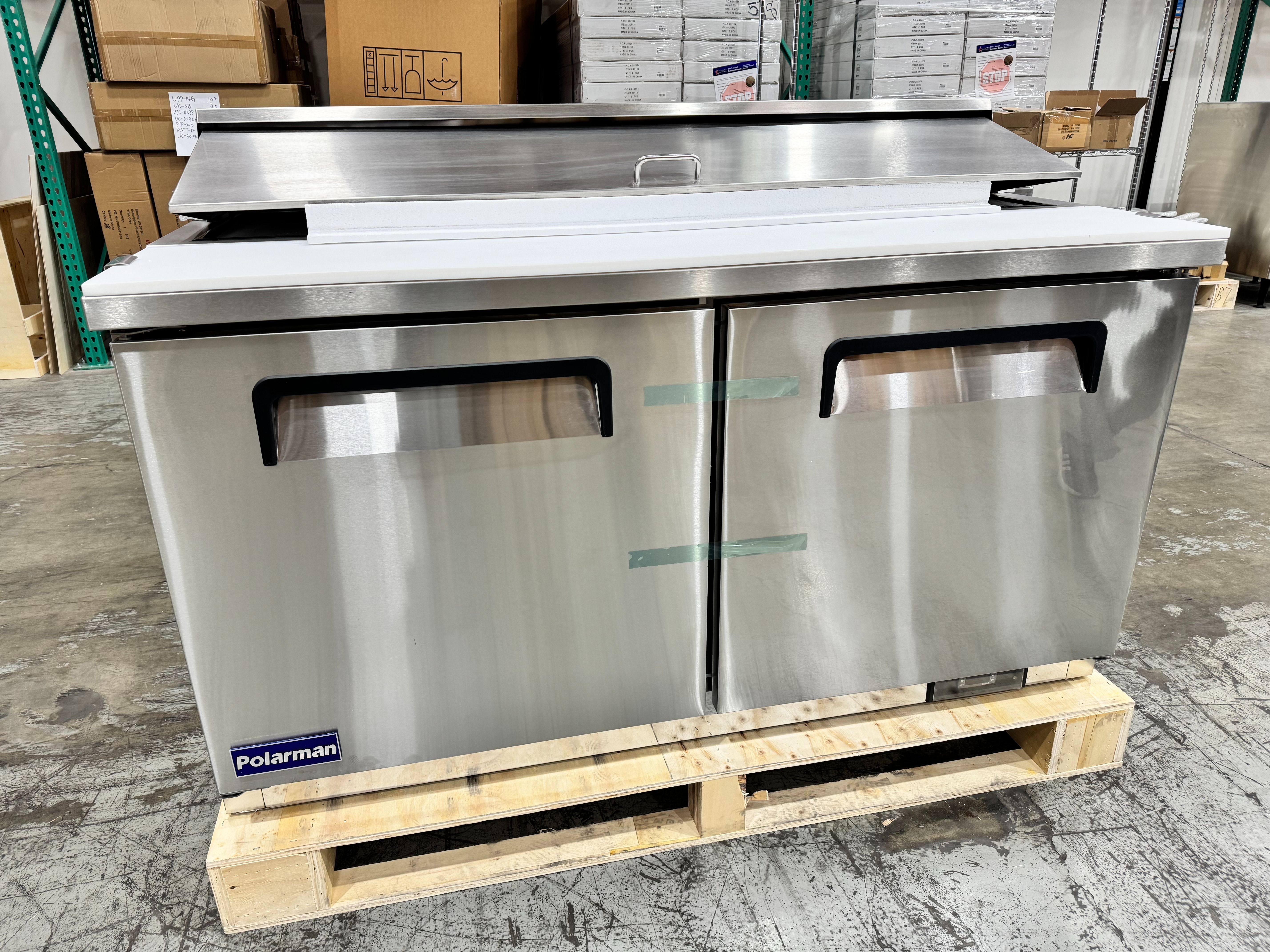 61 1/4" Sandwich Salad Prep Table Refrigerator – Polarman PLM-S60S Stainless Steel, 2 Solid Doors