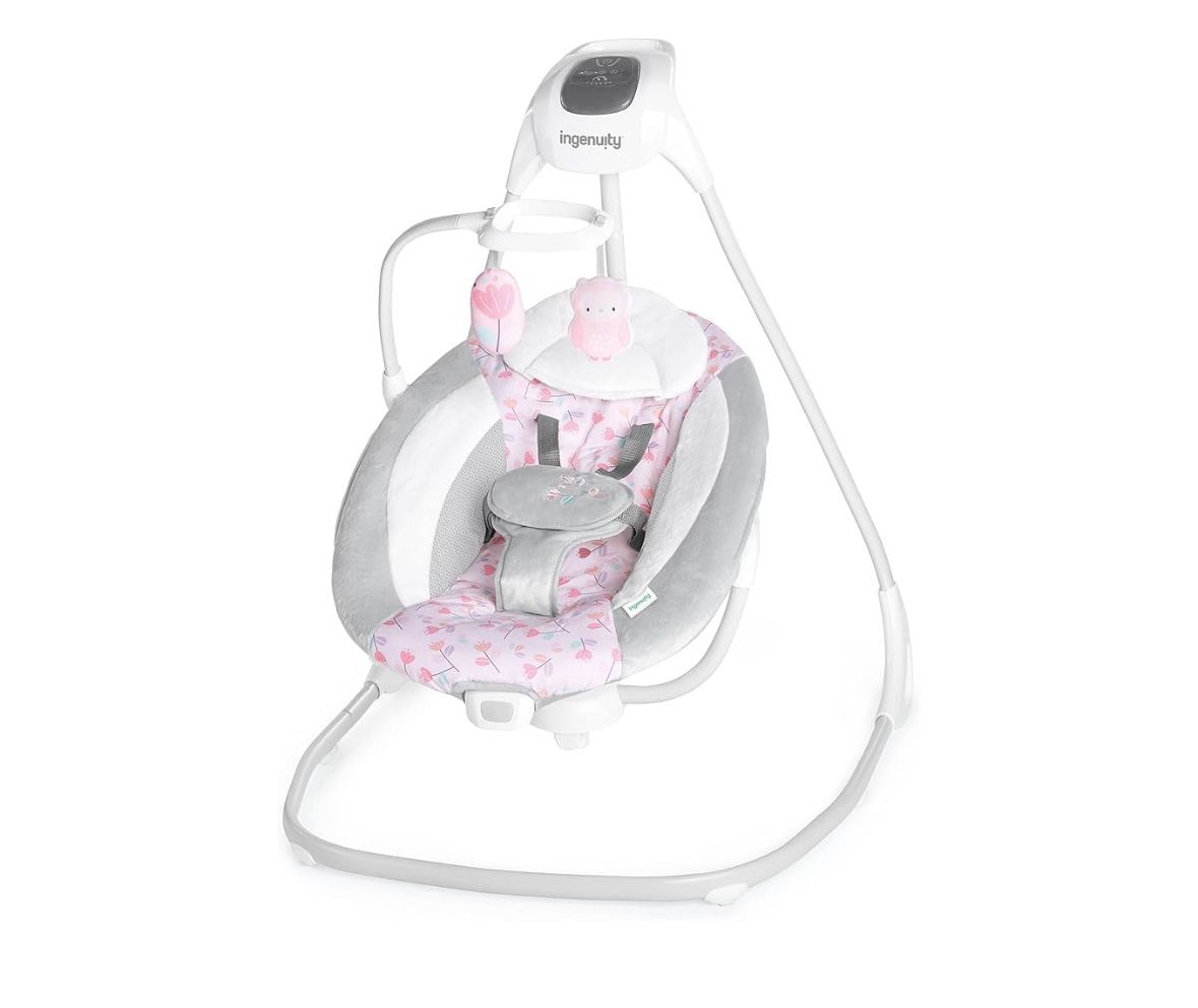Ingenuity SimpleComfort Lightweight Compact 6-Speed Multi-Direction Baby Swing, Vibrations & Nature Sounds, 0-9 Months 6-20 lbs (Pink Cassidy)