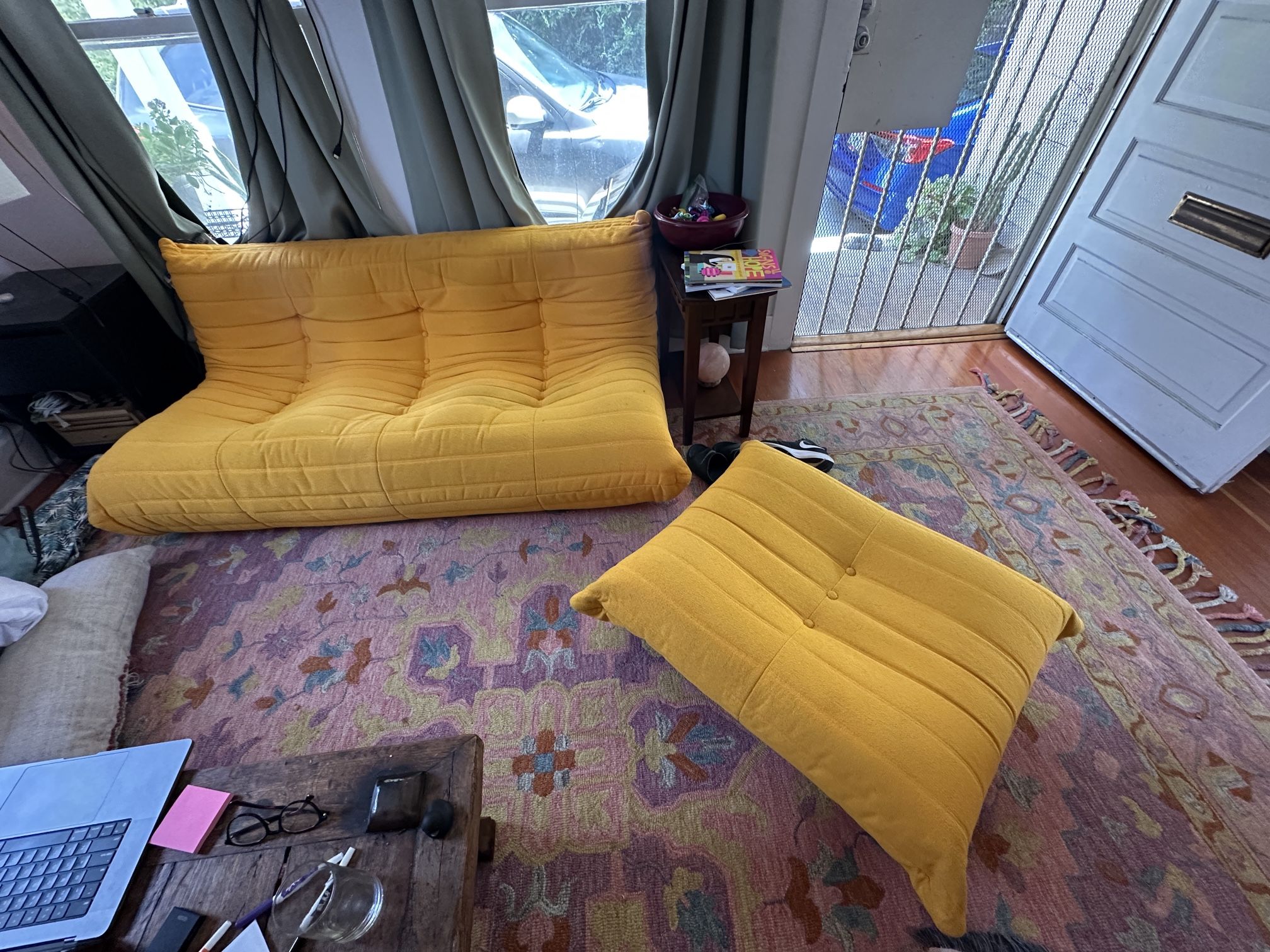 Orange/Yellow Boneless Couch And Ottoman