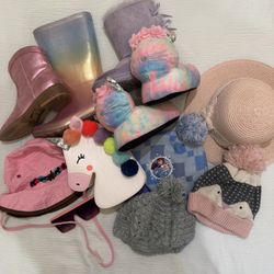 Girls Size 1 Shoes & Accessories Lot | Boots Rainboots Hats Purses | Full Bag