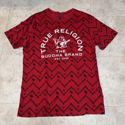 True Religion T-Shirt Mens M Red Crew Neck Short Sleeve Buddha Print Logo