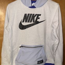 Nike Youth Girls Hoodie Sweatshirt Size XL Of White Blue Swoosh  