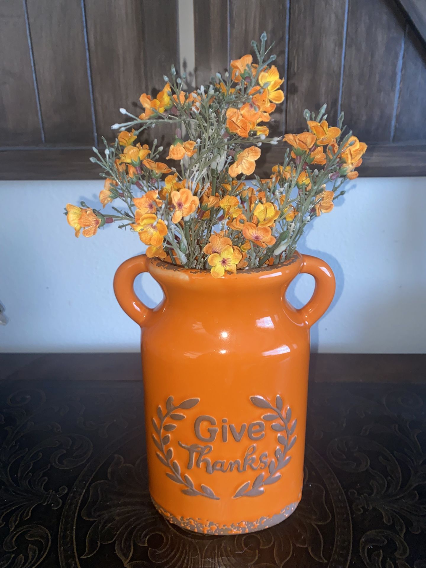 Give Thanks Orange Vase w/Flowers