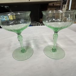 Antique Pair Of Uranium Green Depression Glass Champagne Glasses/1930’s
