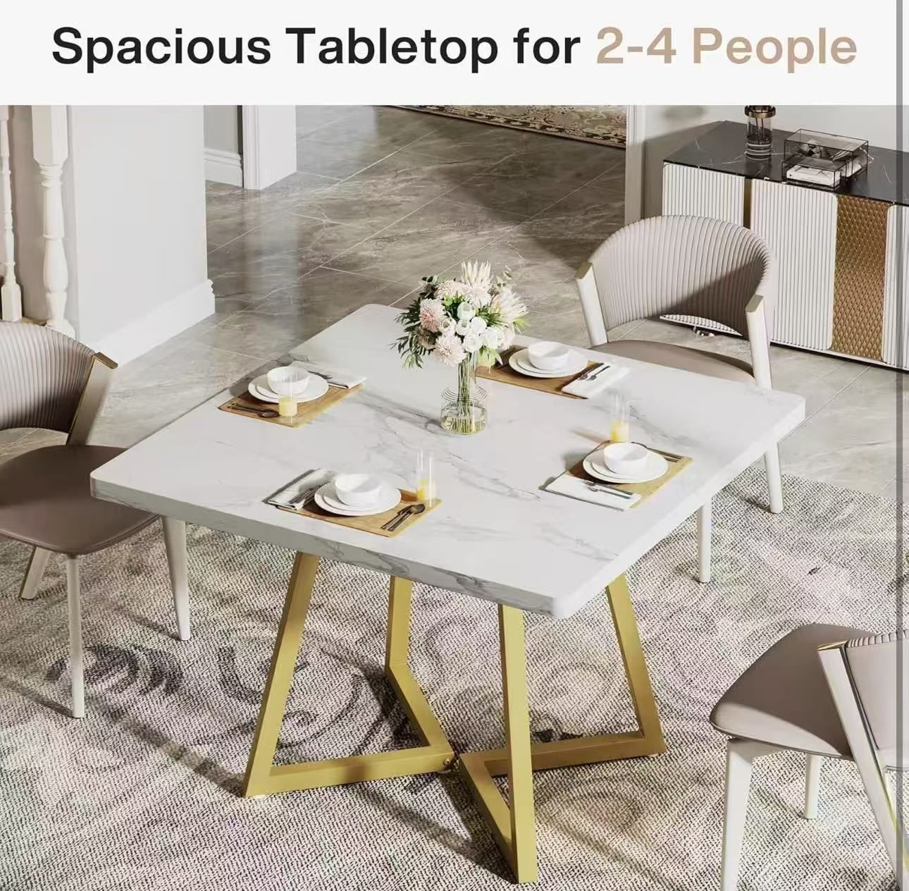 J0403 Square Dining Table for 2, 31.5" Modern Dinner Table with Metal Base, Kitchen Table for Dining Room, Small Space, Apartment, White & Gold