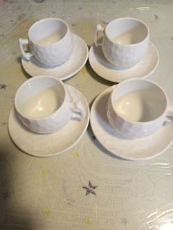 White Ceramic Cup and Saucer Set of 4