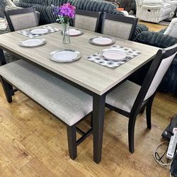 ✅️✅️6 pc bridget two tone wood dining table set padded seat chairs and bench ✅️✅️