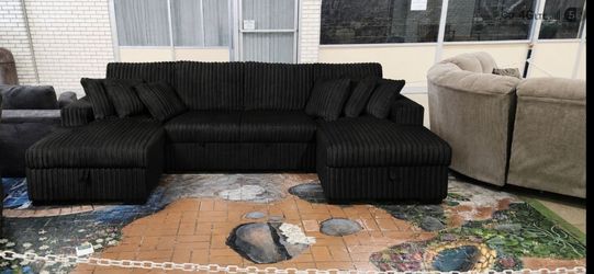 Black Corduroy Sectional, 2 chaises