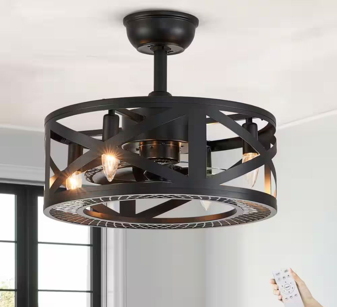 17 in. Indoor Black Ceiling Fan Farmhouse Caged Ceiling Fan with Lights and Remote