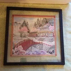Japanese Silk Embroidery Of Red Bridge And Cherry Blossoms 