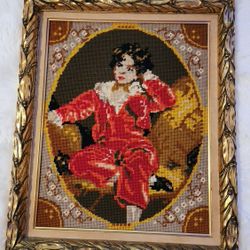 Vintage Framed Needlepoint The Red Boy Master