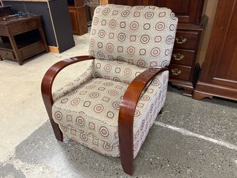 Taupe Geometric Patterned Upholsters Push Back Recliner w/ Wood Arms