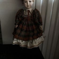 Vintage Porcelain Doll, Plaid Dress, 18” Tall, Excellent Condition