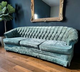 Vintage Hollywood Regency Velvet Sofa 3 Cushion - Dusty Teal