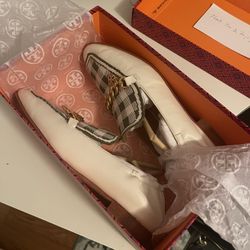 TORY BURCH MINI BENTON 20mm CHARM Napa Leather LOAFER IN IVORY/gingham Green 7 Shoes 