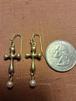 Pair of bronze cross earrings w dangle seed pearls