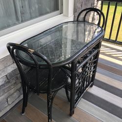 Black Rattan Table With Two Chairs And Glass Top