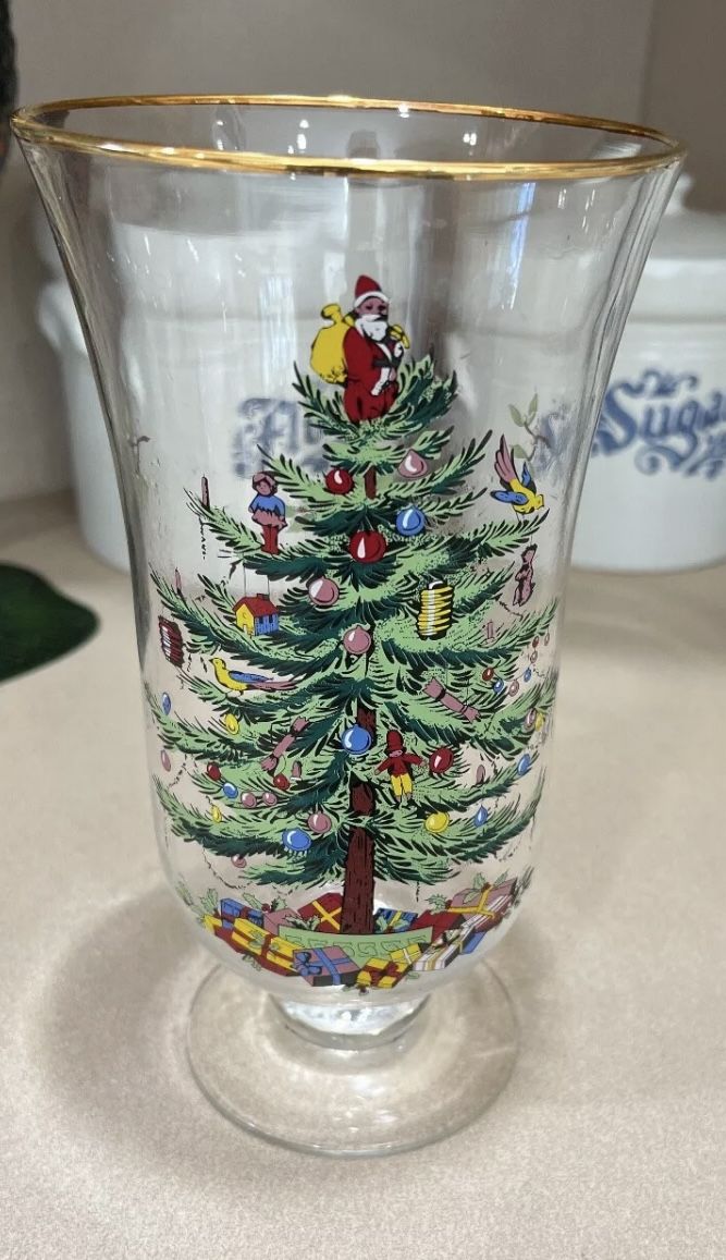 Vintage Spode Christmas Tree Glass Pillar Hurricane Candle Holder Vase 9.5"
