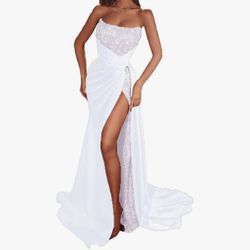 New Sparkly Sequins Prom Women Dresses Mermaid Bridesmaid Dress White US SIZE 2