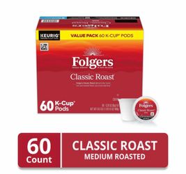 Folgers Classic Roast, Medium Roast Coffee, Keurig K Cup Pods, 60 Count Box