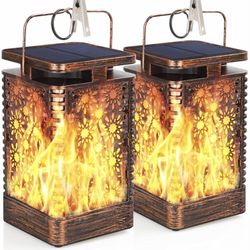 2 Pack  Solar Lantern Lights Outdoor Hanging Patio Decor with Flickering Dancing Flame, Waterproof S