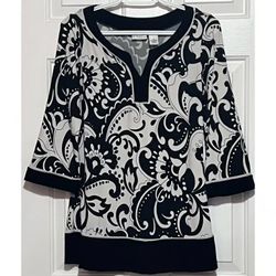 Kim Rogers Women's Black White Printed V-Neck 3/4 Sleeve Length Blouse Size M
