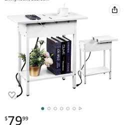 End Table with Charging Station (USB-C, USB, & Outlet) Flip Top | Narrow Table with Storage Shelf, USB Ports & Power Outlets for Small Space