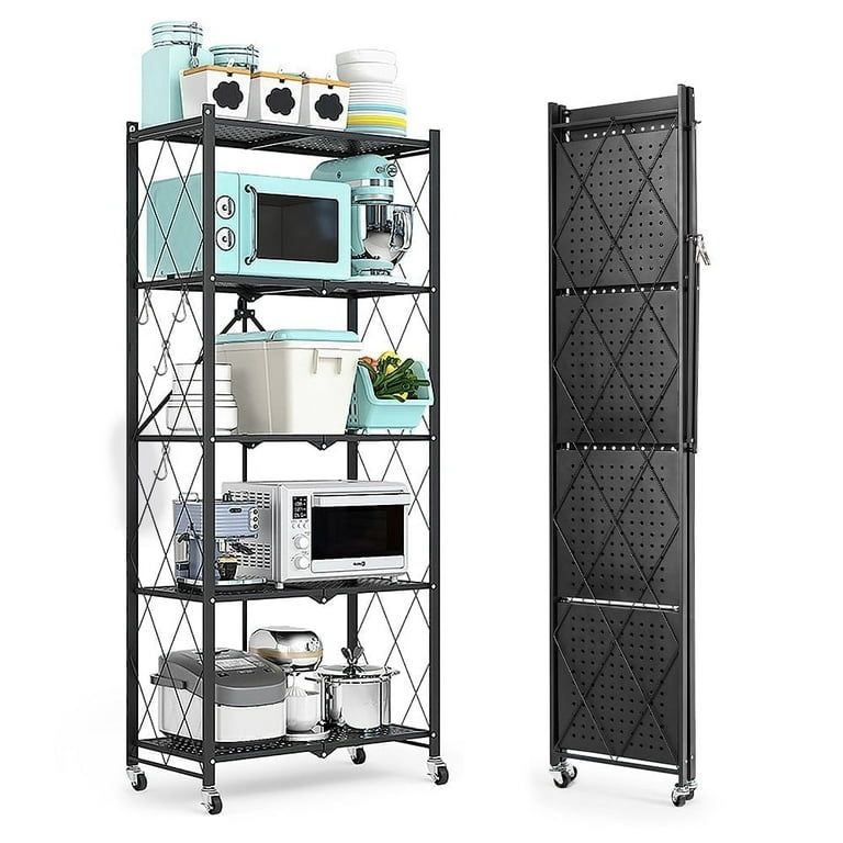 COOKCOK 5-Tier Storage Shelving Unit, Metal Shelf 27.9"x13.4"x62.5, Foldable Storage Shelf with Wheels, Garage Shelf, Metal Storage Rack, Kitchen Shel