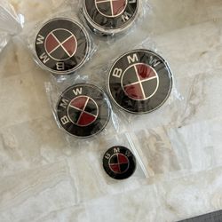 7pcs Set Black & Red BMW Logo Emblem replacements of Steering + Hubcaps + Trunk + Hood