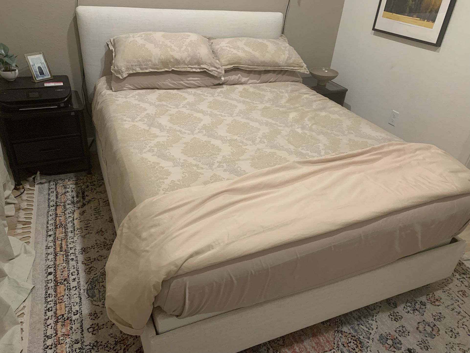 Queen Bed, frame And Tempur Pedic Mattress For Sale With Side Tables